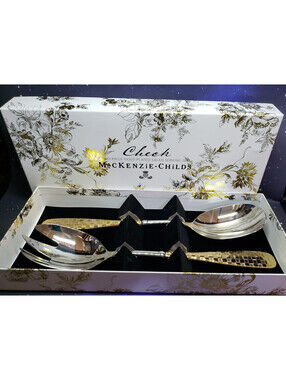 McKenzie Childs Gold Plated Salad Serving Set NEW IN BOX Check Pattern